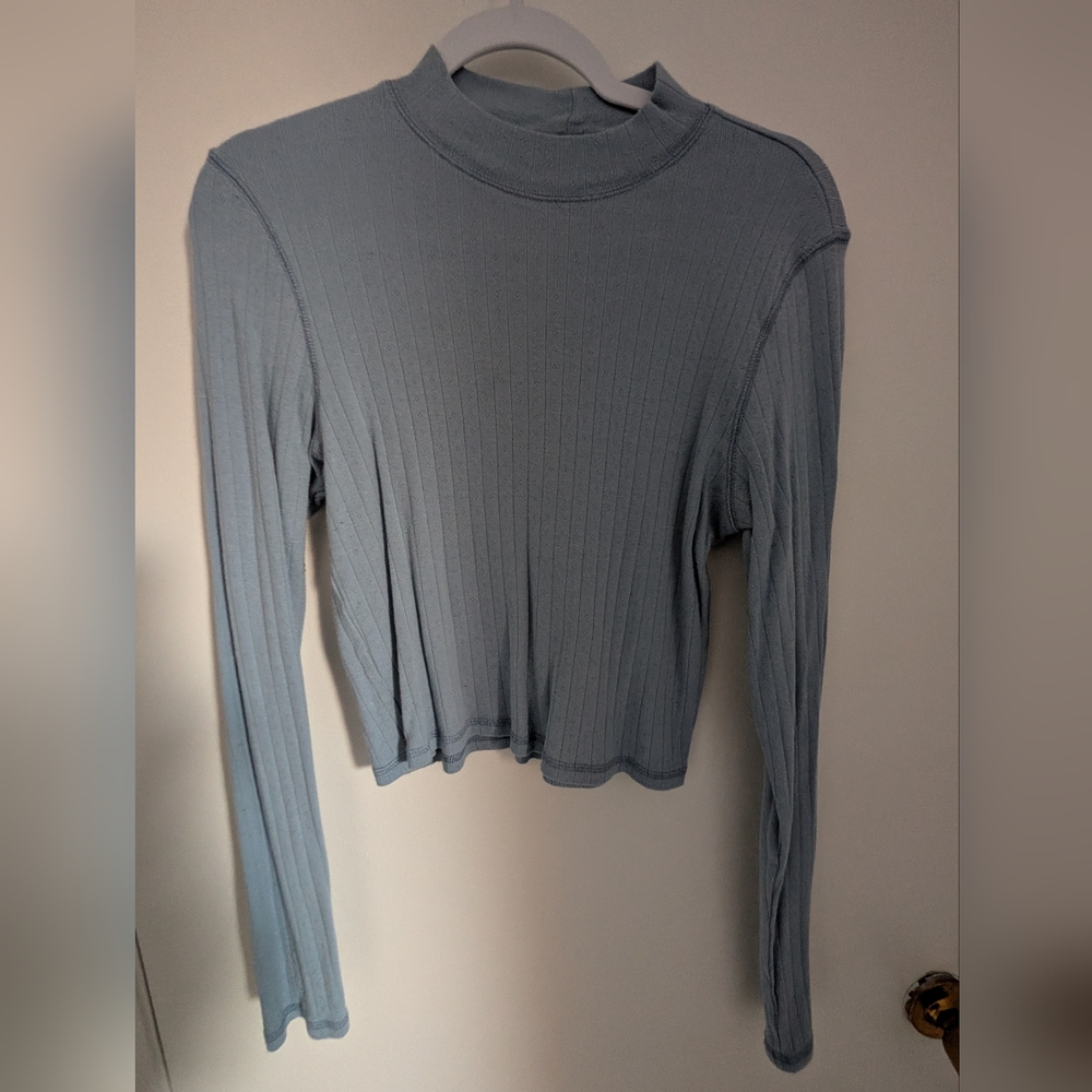 American Eagle Outfitters Light Blue Pointelle Long Sleeve Top
